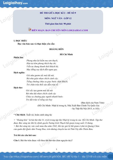 Đề thi giữa kì 2 Văn 12 - Đề số 9